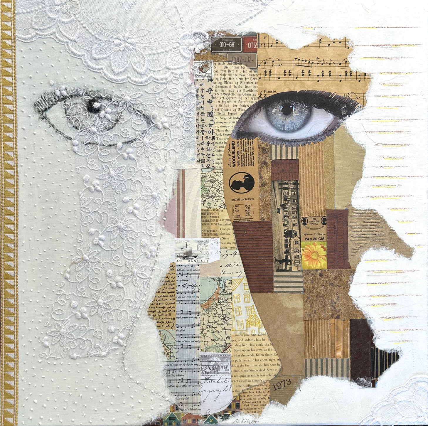 Collagebilleder på lærred. Collage kunst Birgitte Eriksson